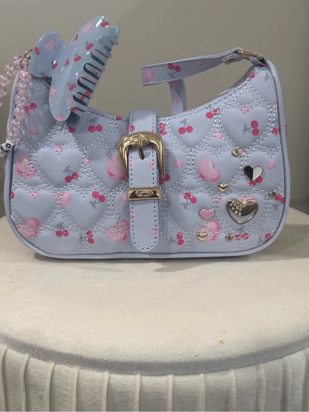 Kids Light Blue Quilted Heart Crossbody Bag with Pink Accents